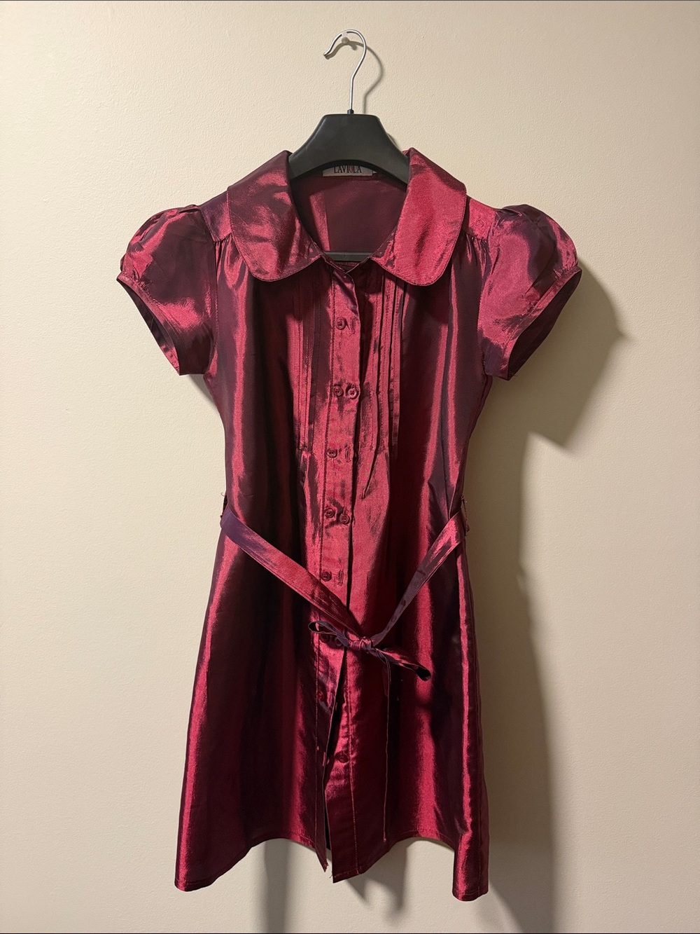 Metallic Burgundy Button-Front Satin Dress with Belt